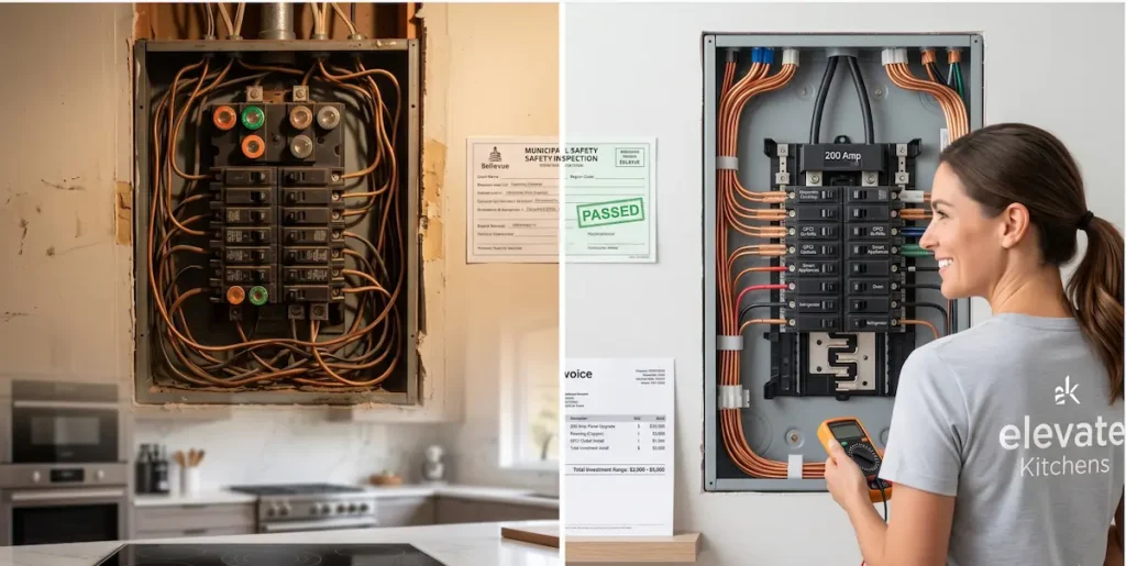 An ELEVATE KITCHENS contractor showing electrical cost estimates on a clipboard for a client project involving upgrading kitchen electrical panels and wiring