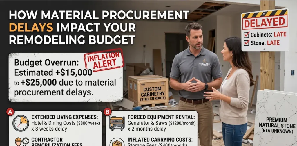 An ELEVATE KITCHENS contractor explaining a budget overrun to a female homeowner on a construction site, illustrating how material procurement delays impact your remodeling budget.