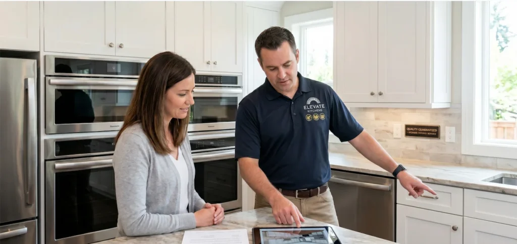 Elevate Kitchens contractor explaining the features of a stainless steel gas range and other high end kitchen appliances to a homeowner during a design consultation.