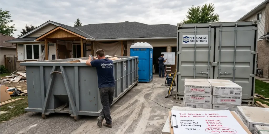 An ELEVATE KITCHENS construction site with an idle heavy-duty dumpster and equipment, illustrating how material procurement delays impact your remodeling budget.