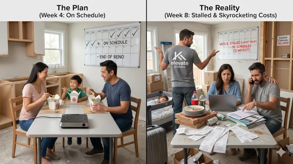 An active home renovation site highlighting unexpected daily living expenses and showing how material procurement delays impact your remodeling budget.