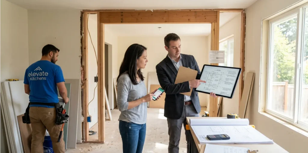 A professional engineer conducting a structural engineering in open concept kitchens inspection to calculate load-bearing requirements for a home renovation.