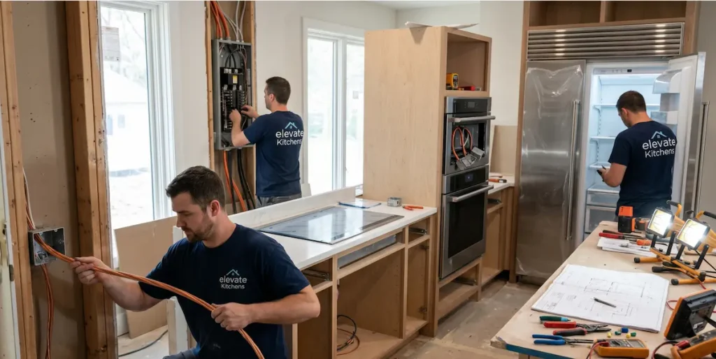 An ELEVATE KITCHENS electrician mapping out separate lines for upgrading kitchen electrical panels and wiring to support dedicated appliance circuits.