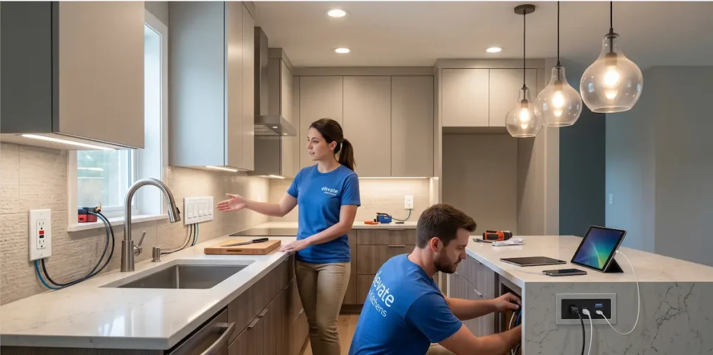 A premium kitchen space showcasing integrated under-cabinet lighting, recessed ceiling fixtures, and the foundational results of upgrading kitchen electrical panels and wiring.