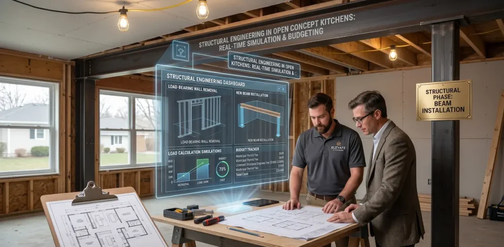 An ELEVATE KITCHENS contractor and a homeowner review blueprints near a newly installed structural steel I-beam during an open-concept kitchen remodel that required structural engineering.