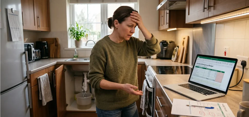 An ELEVATE KITCHENS specialist explaining a budget breakdown on a tablet to a homeowner, showcasing the importance of a contingency fund for unexpected kitchen repairs.