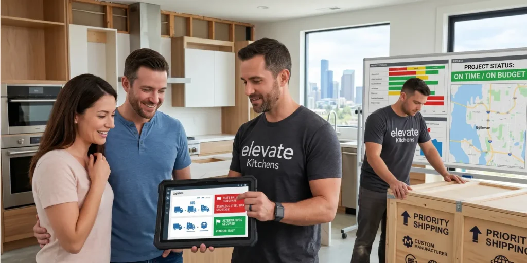 An ELEVATE KITCHENS specialist offering a consultation to a client, demonstrating how hiring a proactive design-build firm mitigates how material procurement delays impact your remodeling budget.