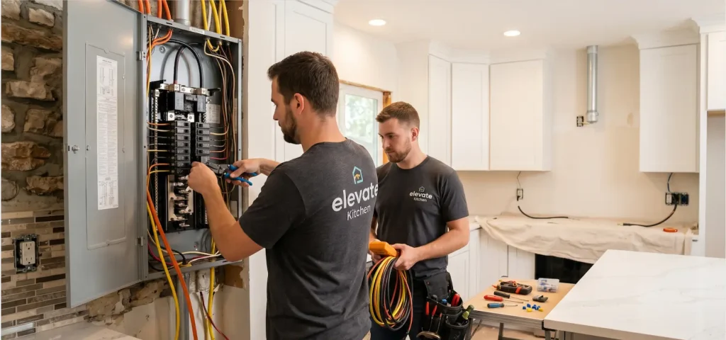 An ELEVATE KITCHENS electrician pointing to a newly installed 200 amp breaker box during a project involving upgrading kitchen electrical panels and wiring.