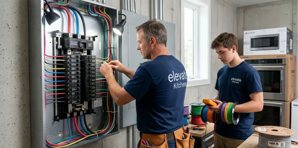 An ELEVATE KITCHENS technician assessing an old electrical service hub to prepare for upgrading kitchen electrical panels and wiring to a higher amp capacity.