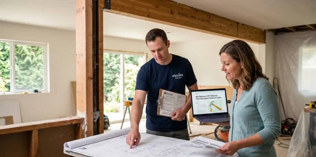 A home design consultant and clients review engineering documents during a structural engineering in open concept kitchens compliance check.