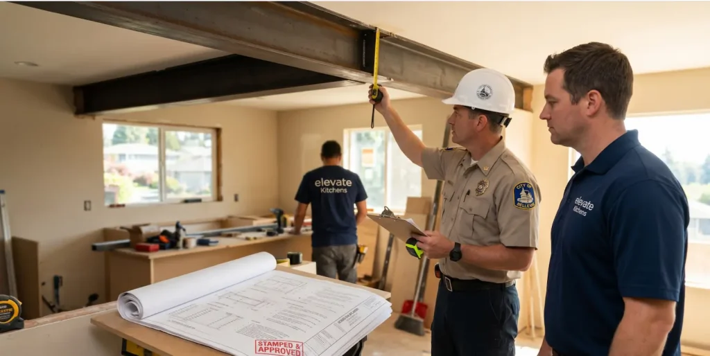 A home remodeling contractor pointing at approved architectural paperwork and structural engineering in open concept kitchens design prints to prepare for a city building inspection.