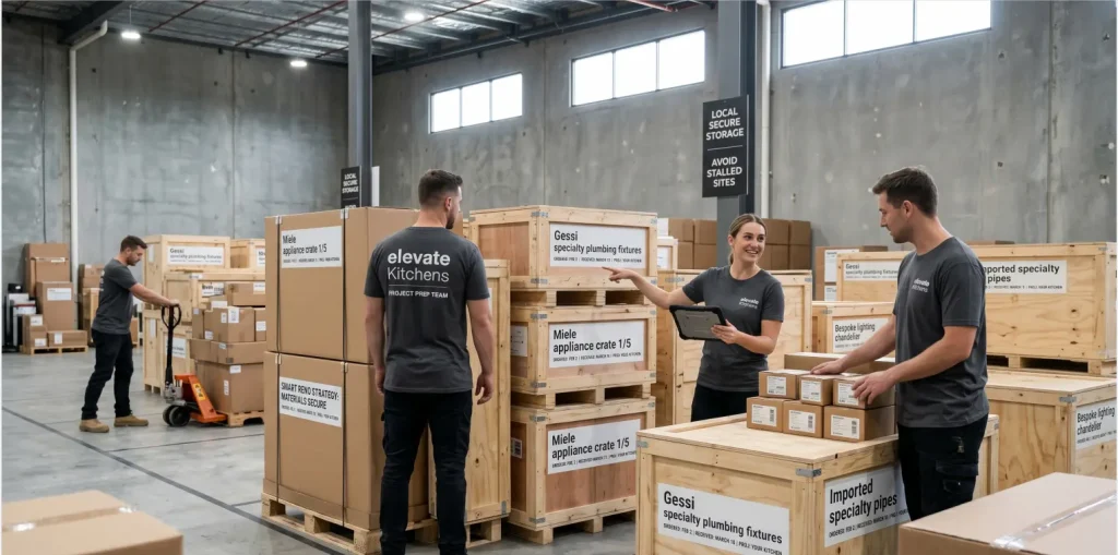 A secure warehouse setting storing luxury kitchen appliances and custom cabinetry components, demonstrating a proactive strategy showing how material procurement delays impact your remodeling budget.