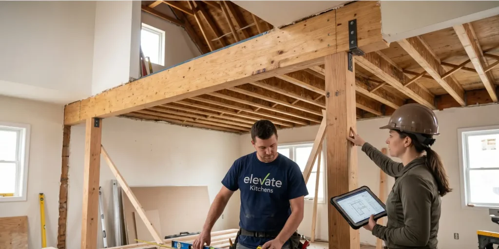An open kitchen construction site showing a newly installed heavy-duty steel beam replacing a load-bearing wall, demonstrating structural engineering in open concept kitchens.