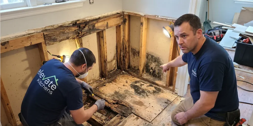 An active kitchen tearout revealing severe hidden water damage and subfloor rot, emphasizing the need for a contingency fund for unexpected kitchen repairs.