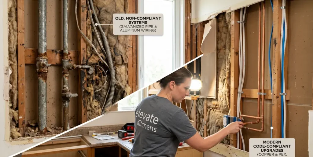 An open drywall view showing legacy infrastructure compliance work, highlighting the necessity of a contingency fund for unexpected kitchen repairs.