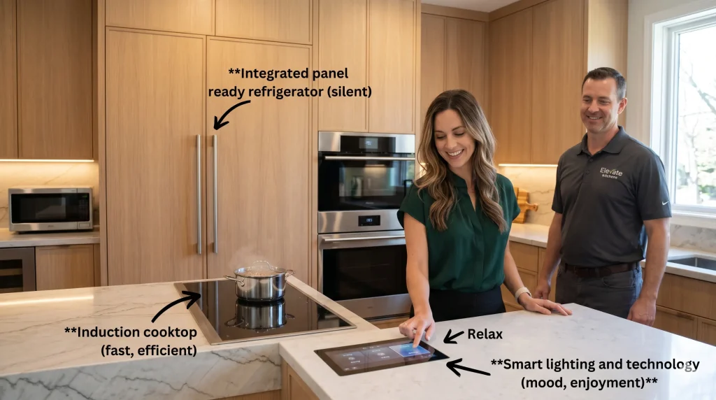 A happy homeowner using a smart touchscreen panel to control lighting while an Elevate Kitchens professional stands near an induction cooktop and an integrated panel ready refrigerator.