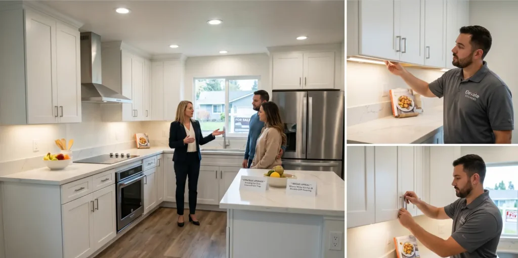 A real estate agent explaining a strategic upgrade to a couple in a classic white kitchen, alongside panels showing an installer adjusting under-cabinet lighting and premium hardware to avoid the over improvement trap.