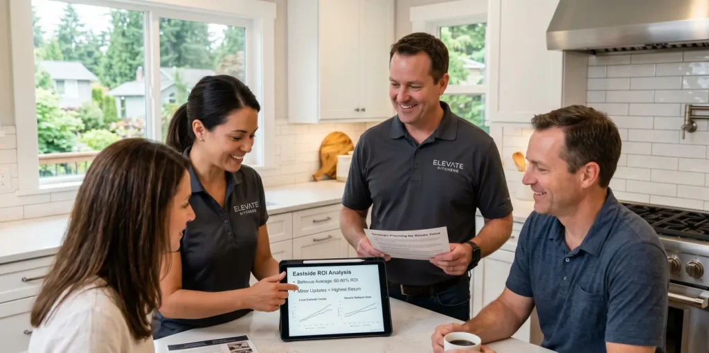 Elevate Kitchens design specialists showing a couple an Eastside ROI analysis chart on a tablet to discuss the return on a Bellevue kitchen remodel.