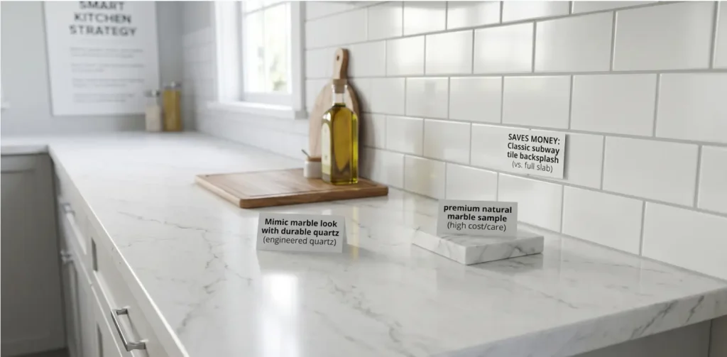 A white kitchen featuring budget-friendly engineered quartz countertops that mimic marble, paired with a cost-saving classic subway tile backsplash.