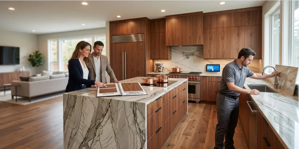 A couple reviewing solid walnut cabinetry samples on a marble island while an installer tests a smart kitchen faucet to showcase the characteristics of a luxury kitchen remodel.