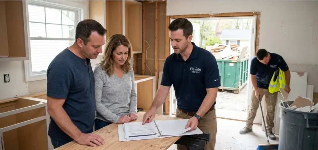 An Elevate Kitchens contractor explaining a quote to homeowners, while another worker performs daily site cleanup near a large dumpster to illustrate debris disposal fees.