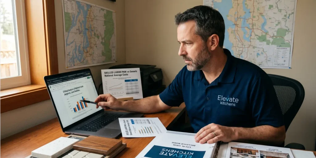 An Elevate Kitchens expert conducting a competitor analysis on a laptop to review local Pacific Northwest skilled labor costs versus national averages.