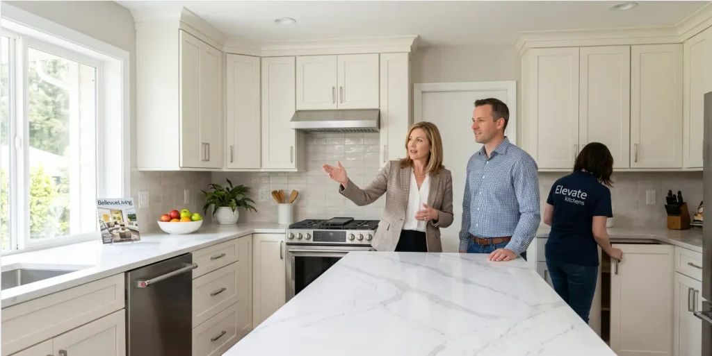 A homeowner discussing layout options with a design consultant in a modern white kitchen, showing how a complete kitchen remodel significantly increases your home resale value.