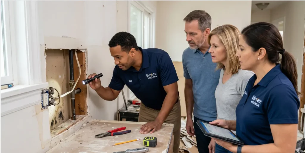 An Elevate Kitchens contractor uses a flashlight to show homeowners hidden water damage and outdated wiring inside an opened wall, highlighting the need for contingency planning.