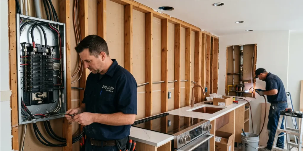 An Elevate Kitchens professional upgrading an electrical panel while another team member works on plumbing lines behind exposed wall framing.