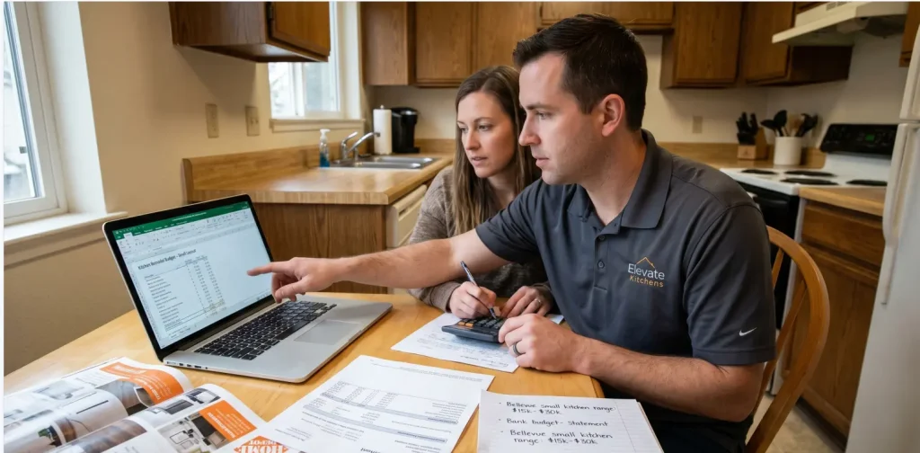 An Elevate Kitchens contractor and a homeowner using a laptop and calculator to establish a baseline investment for a small kitchen remodel.
