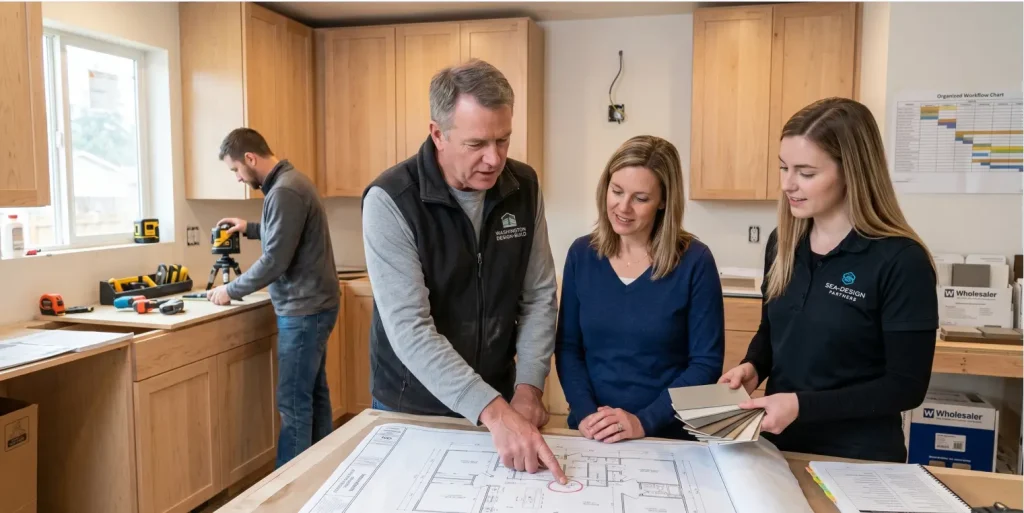 A homeowner reviewing kitchen blueprints and material swatches with an experienced local contractor and designer in an unfinished kitchen.