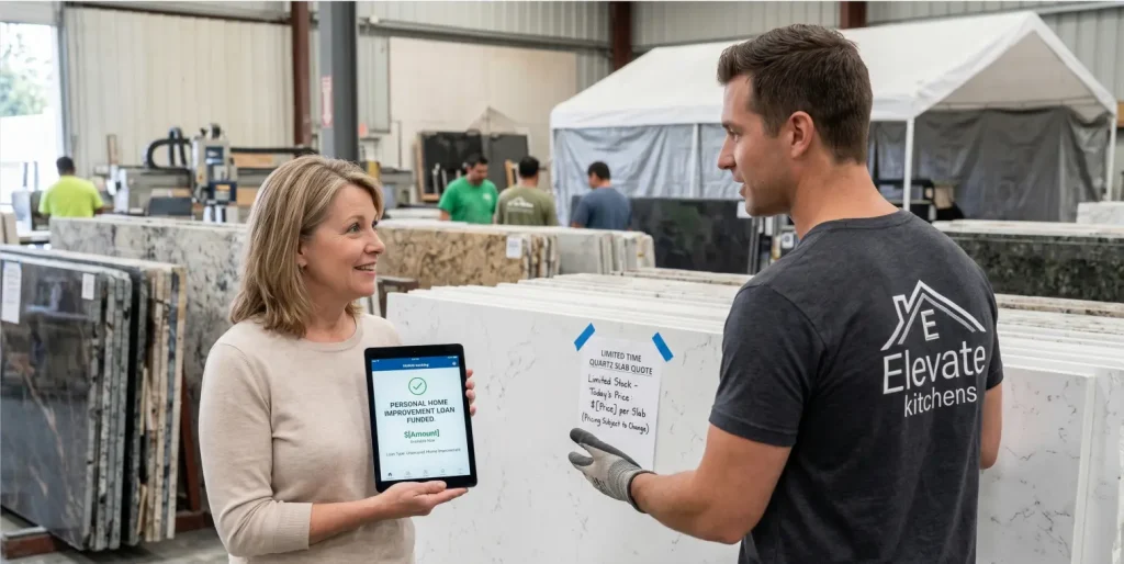 A happy customer showing a funded personal home improvement loan on her tablet to an Elevate Kitchens contractor to quickly purchase solid quartz or granite surface slabs.