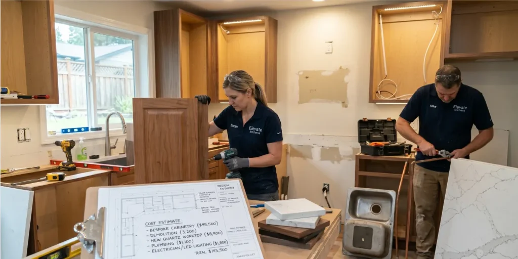 A detailed cost estimate clipboard showing the financial breakdown of completely replacing cabinets, while Elevate Kitchens contractors handle bespoke cabinetry and plumbing in the background.