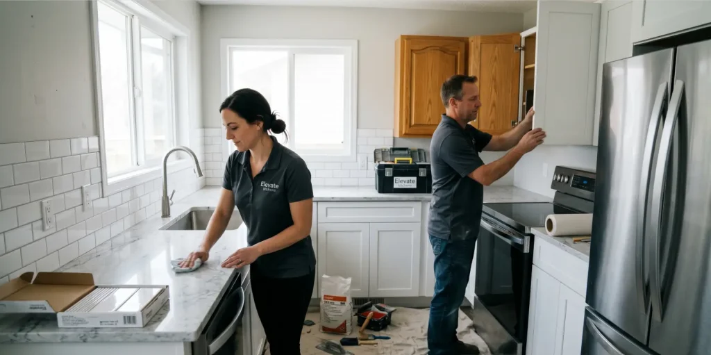 An Elevate Kitchens team performing high financial ROI minor kitchen updates, including a quartz countertop wipe down and white cabinet re-facing installation near a subway tile backsplash.