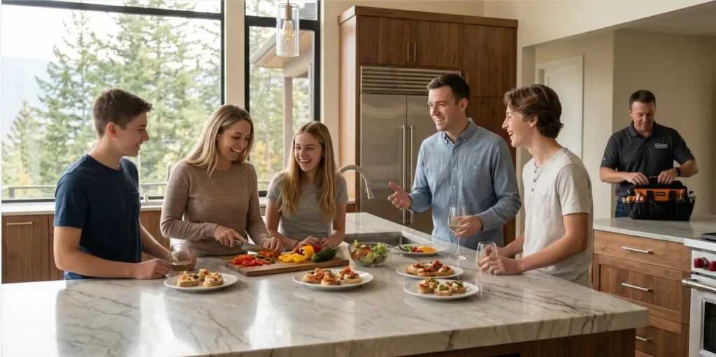 A happy family preparing food and laughing around a large quartz island, showing the hidden lifestyle return on investment after an Elevate Kitchens remodel.