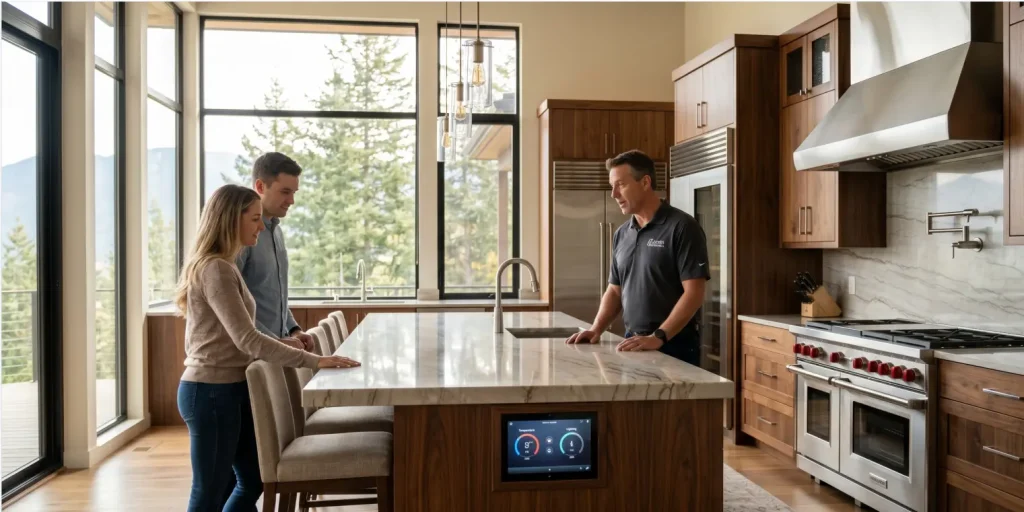 An Elevate Kitchens specialist presenting a custom island with seating and an embedded smart touchscreen panel to a couple, highlighting the impact of premium materials on home value.