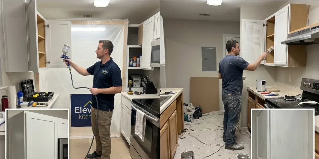 Side-by-side comparison of an Elevate Kitchens specialist using a factory-grade kitchen cabinet spray finish versus a contractor manually applying paint with a brush, illustrating labor and craftsmanship standards.