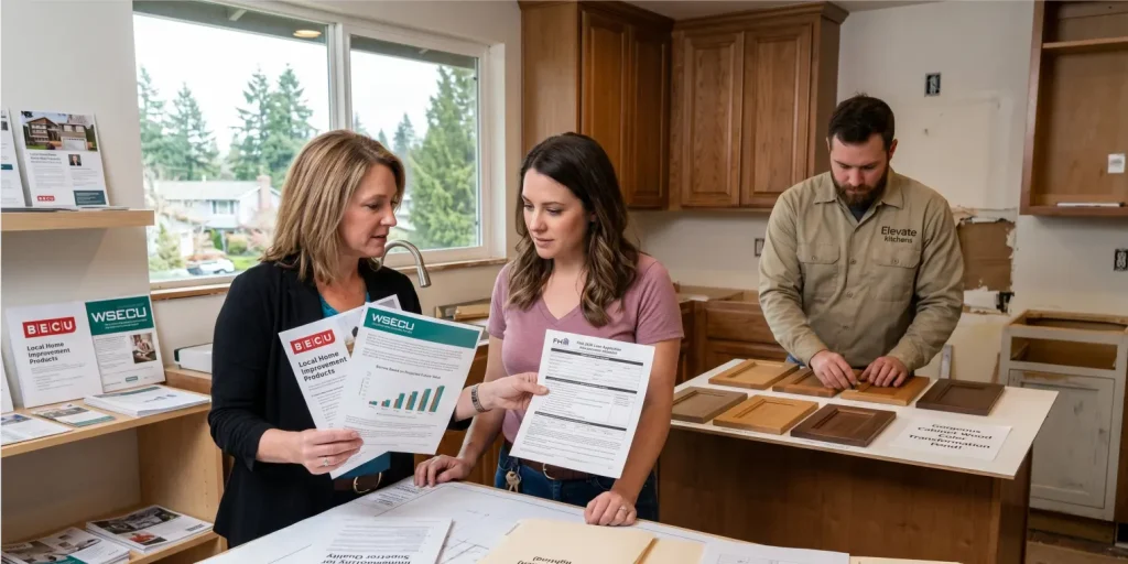 A homeowner reviews local Washington credit unions improvement product documents (BECU and WSECU) and an FHA 203(k) loan application, while an Elevate Kitchens specialist performs a gorgeous cabinet wood color transformation.