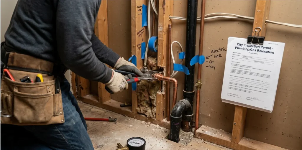 A plumber adjusting copper pipes inside an exposed wall next to a city inspection permit, illustrating the high costs of moving major utilities.