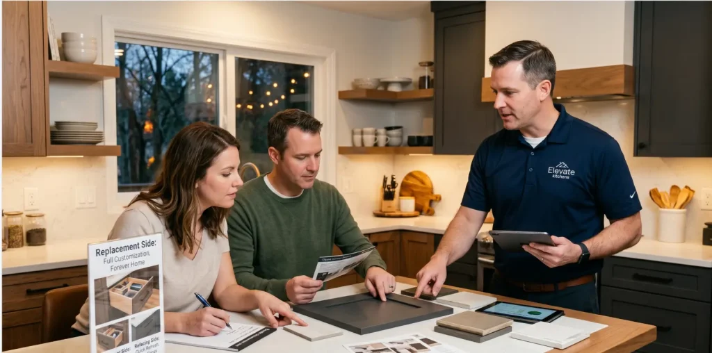 An Elevate Kitchens contractor helping a couple compare cabinet replacement and refacing options to make the right decision for their home value.