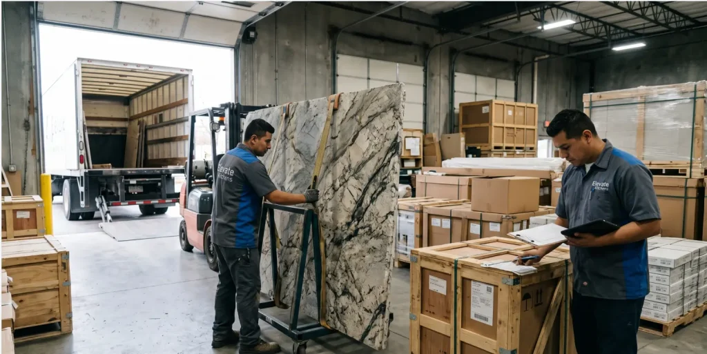 Elevate Kitchens warehouse workers unloading a massive natural stone slab from a delivery truck and checking logistics paperwork, highlighting material shipping and delivery fees.