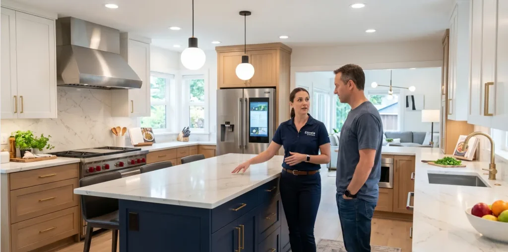 An Elevate Kitchens designer discussing modern aesthetics and strategic kitchen space layouts with a homeowner around a custom built island.