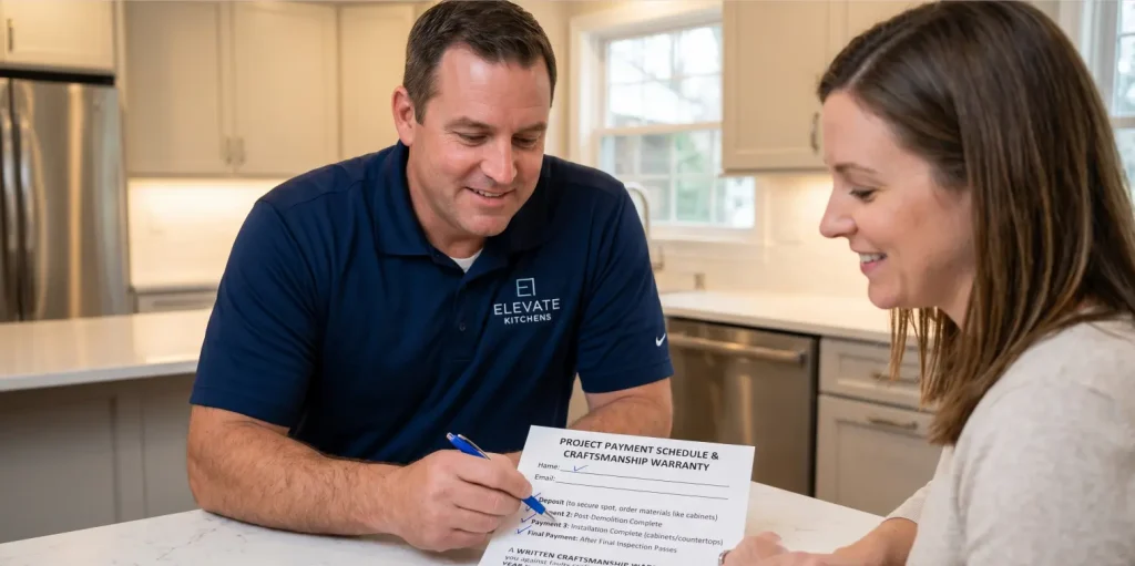 An Elevate Kitchens contractor explaining a project payment schedule and craftsmanship warranty document to a happy homeowner in a newly remodeled kitchen.