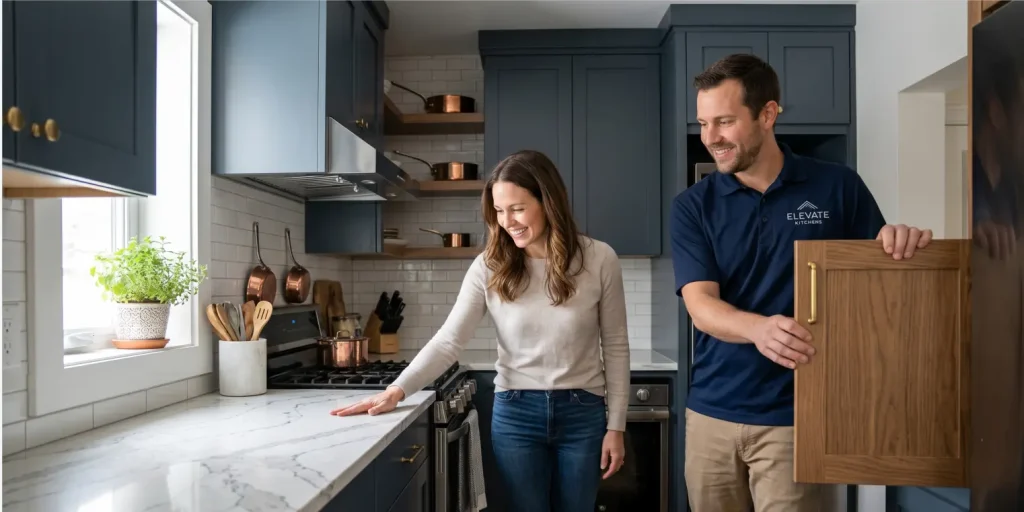 A smiling homeowner admiring a new quartz surface stone counter while an Elevate Kitchens contractor holds a custom cabinetry sample, illustrating how to prioritize high impact elements.