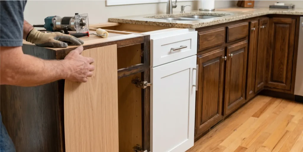 An installer applying a fresh wood veneer to existing cabinet frames during a professional kitchen cabinet refacing project.
