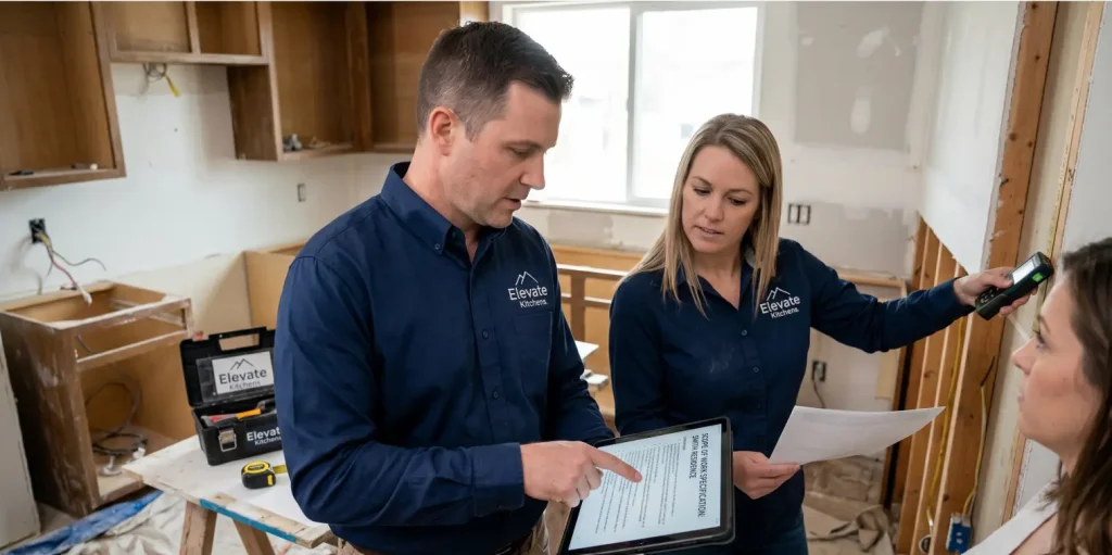 Elevate Kitchens contractors reviewing a detailed scope of work specification on a tablet with a homeowner in an unfinished kitchen.