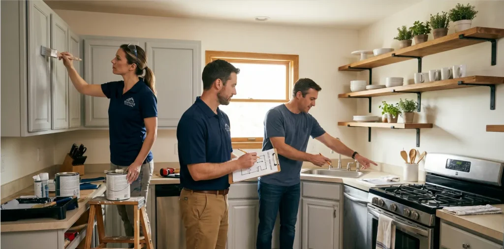 An Elevate Kitchens painter performing a kitchen cabinet color refresh, while a contractor and homeowner review the existing floor plan near open shelving, demonstrating smart strategies to save money.