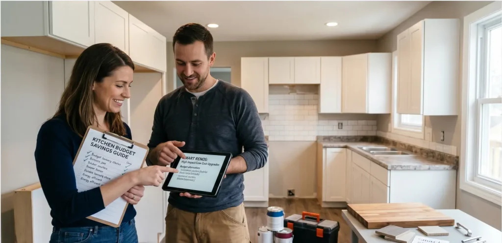 A couple reviewing a budget guide, demonstrating smart ways to save money on your kitchen renovation in an unfinished home.