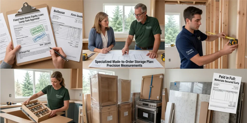 A visual grid demonstrating the stability of fixed rate home equity loans, featuring an approved lump sum clipboard, an Elevate Kitchens specialist taking precision measurements, and paid-in-full materials secured early.