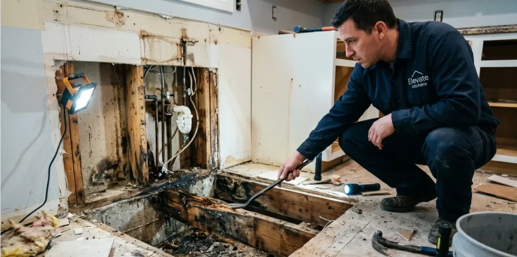An Elevate Kitchens builder using a crowbar and work light to inspect rotted subfloor framing, demonstrating uncovering structural surprises behind the walls.